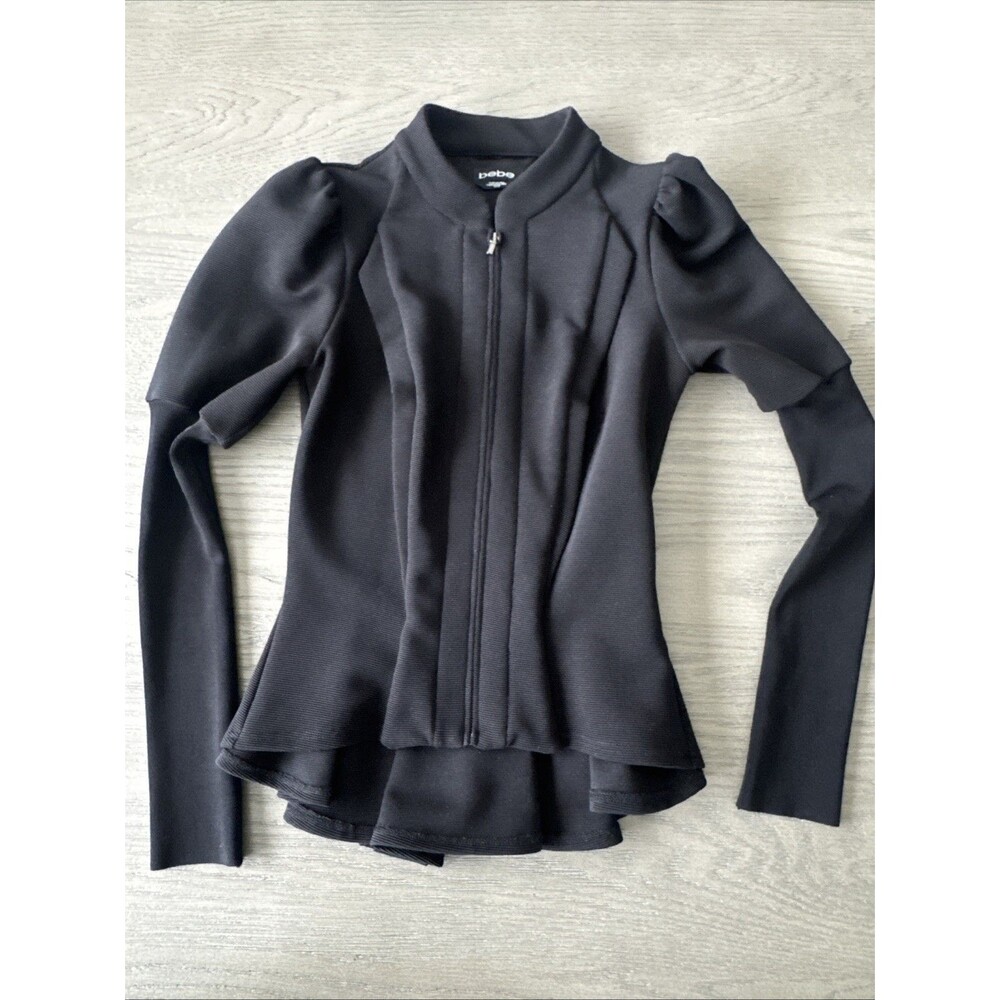 Vintage Bebe Structured Black Zip Front Peplum Jacket Puff Sleeve XS - Picture 10 of 10